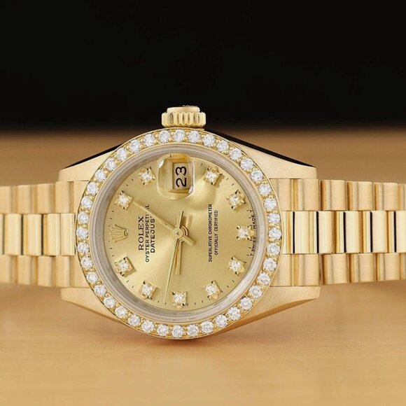 ROLEX LADIES 18K YELLOW GOLD CHAMPAGNE FACTORY DIAMOND PRESIDENT WATCH